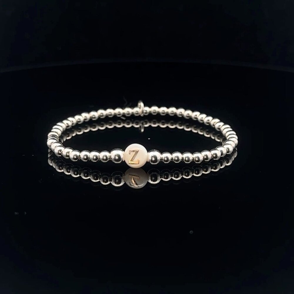 925 Sterling Silver Beaded Stretch Stacking Bracelet MOP Letter Initial Z